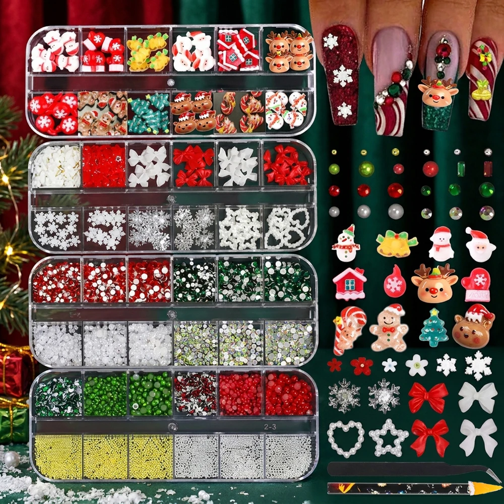 4box Christmas Rhinestone Cartoon Nail Charms Snowman Snowflake Reindeer Nail Decoration Christmas Pearl Flower Manicure Set