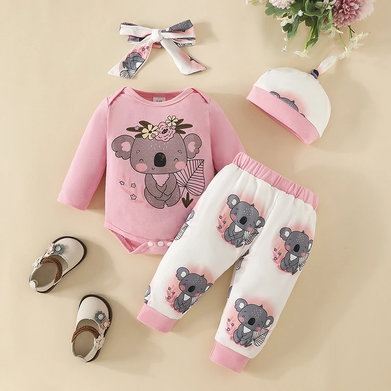 4PCS Baby Sets Newborn Baby Girl Clothes Long Sleeve Koala Prints Bodysuit Elastic Waist Pants 0-18 Months Infant Girl Costume