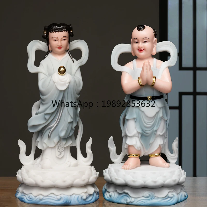 

XL Wealth-Bringing Child Dragon Girl White Jade Golden Child Jade Girl Buddha Statue Home Worship Decoration