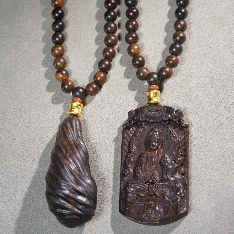 

108 Beads Agarwood Neck Hanging with Freeform Pendant Buddhist Prayer Beads Wooden Bracelet Meditation Mala Gifts