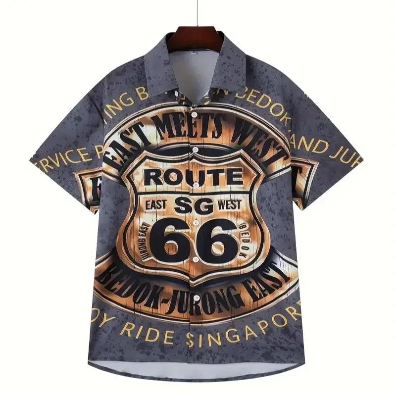 

Men's Leisure Fashion Retro Highway 66 Printed Men's Summer Short sleeved Shirt Button High Quality Shirt