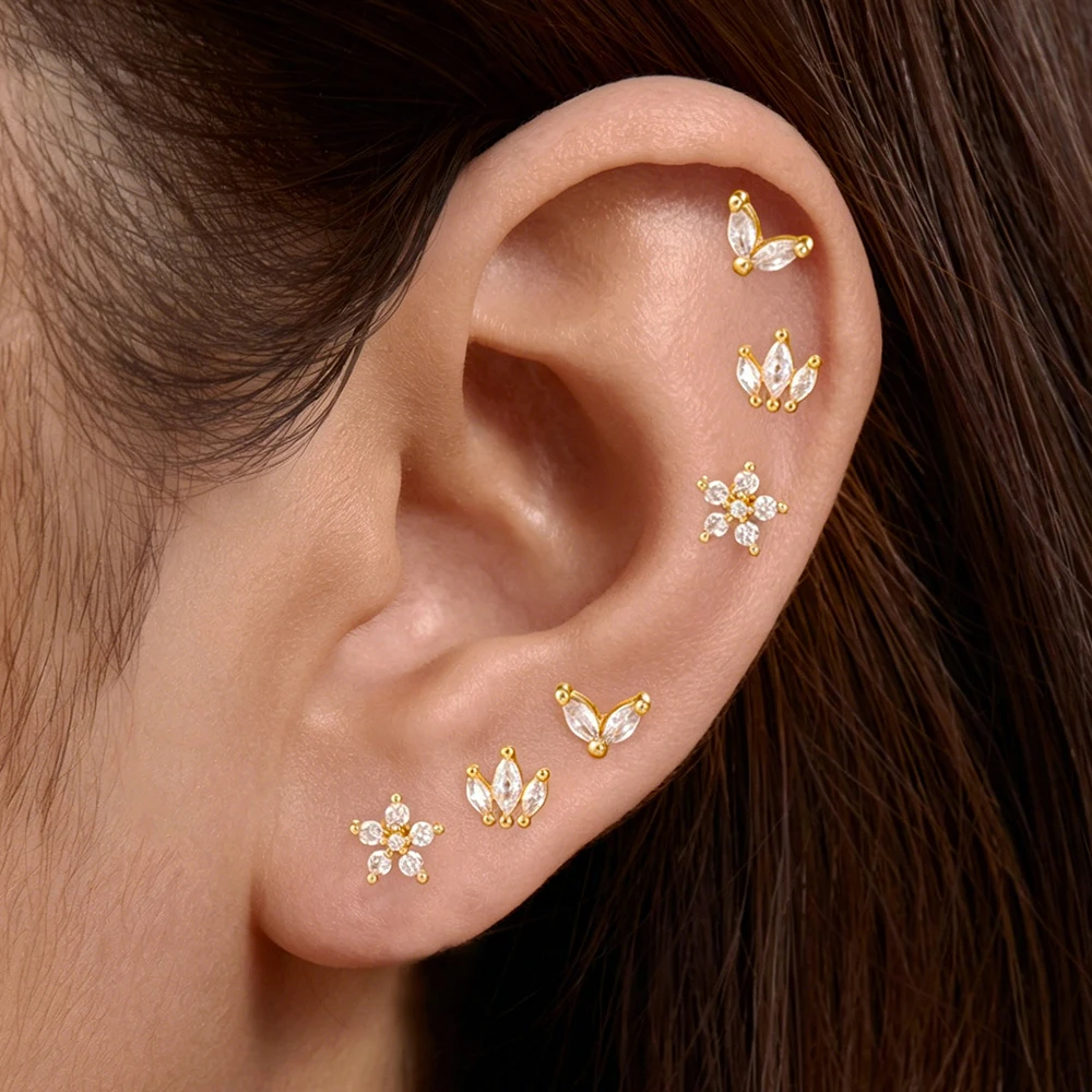 6PCS Luxury Stainless Steel Crown Stud Earrings Sets For Women Fashion Zircon Flower Ear Stud Simple Aesthetic Jewelry Aretes