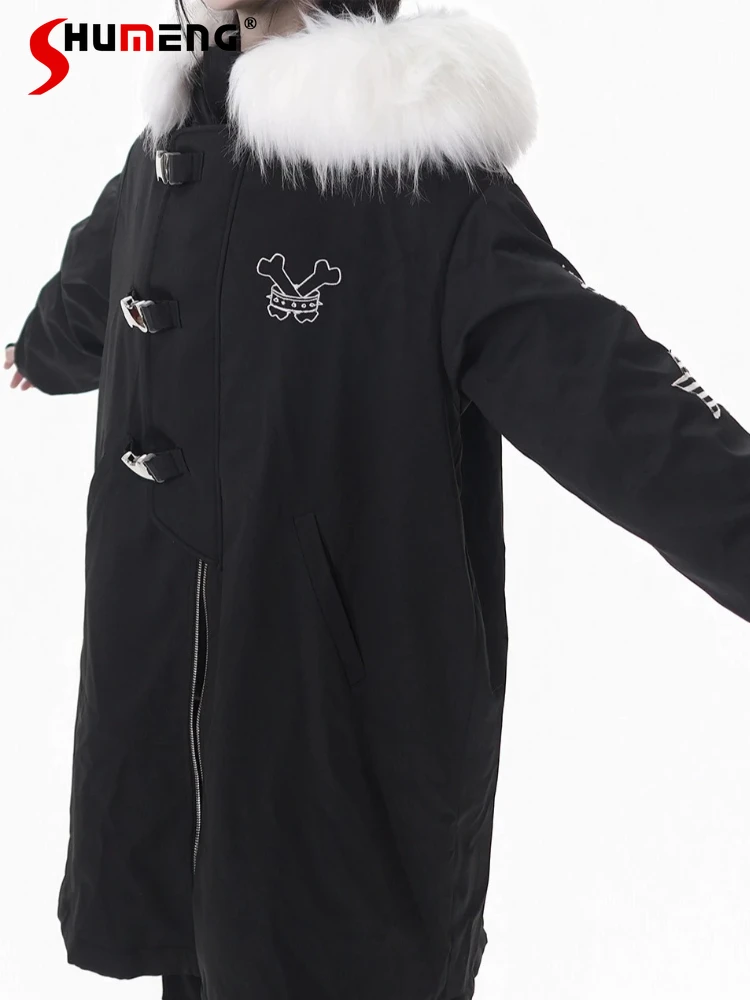 

Fashion Streetwear College Style Long Parka Star Patch Embroidery Fur Collar Hooded Thick Warm Jacket for Women Winter Overcoat