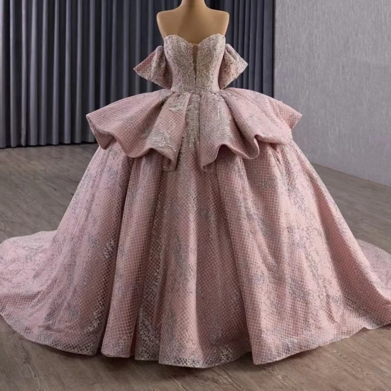 

Розовые блестящие платья Quinceanera с открытыми плечами и блестками, аппликация, кружево, бисер, тюль, вечерние, день рождения, сладкое платье 16, Vestidos 15 De