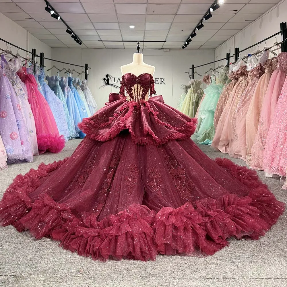 Quinceañera Dress Burgundy Sweetheart Off the Shoulder Beaded Corset 3D Floral Ruffle Tiered Ball Gown Vestido de XV Años