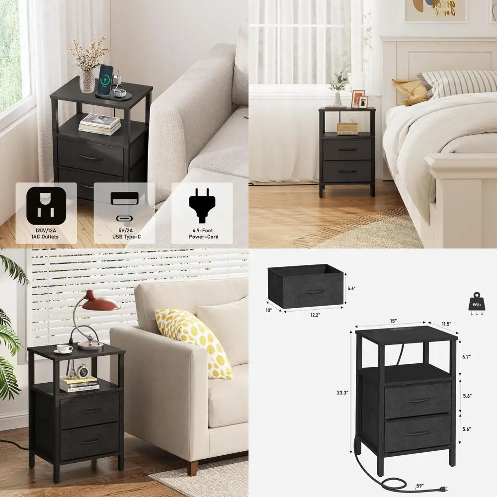 

Черная прикроватная тумбочка с двумя USB-портами для зарядки, розетками и тканевым ящиком, комплект из 2 штук