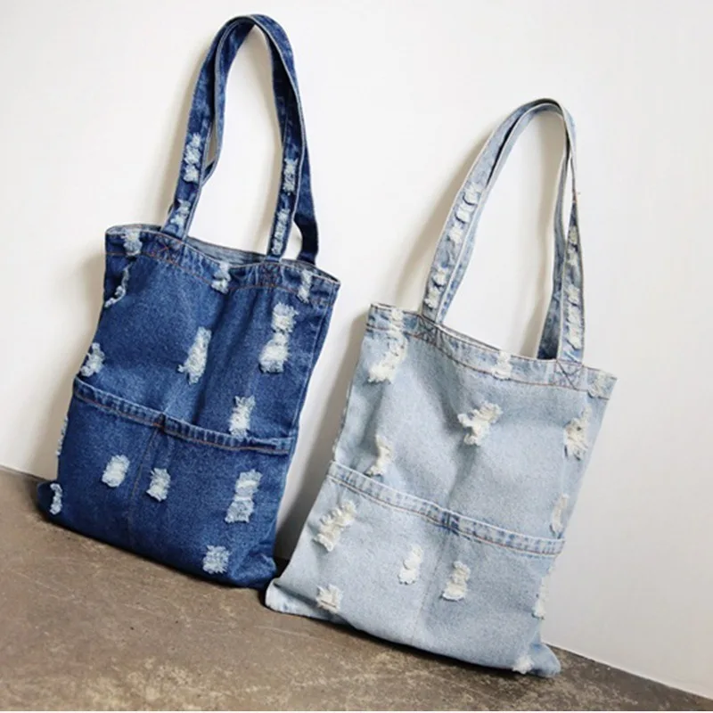 

Shoulder Bag Denim New Korean Version Fashionable Perforated Handbag Large Capacity Bag for Women