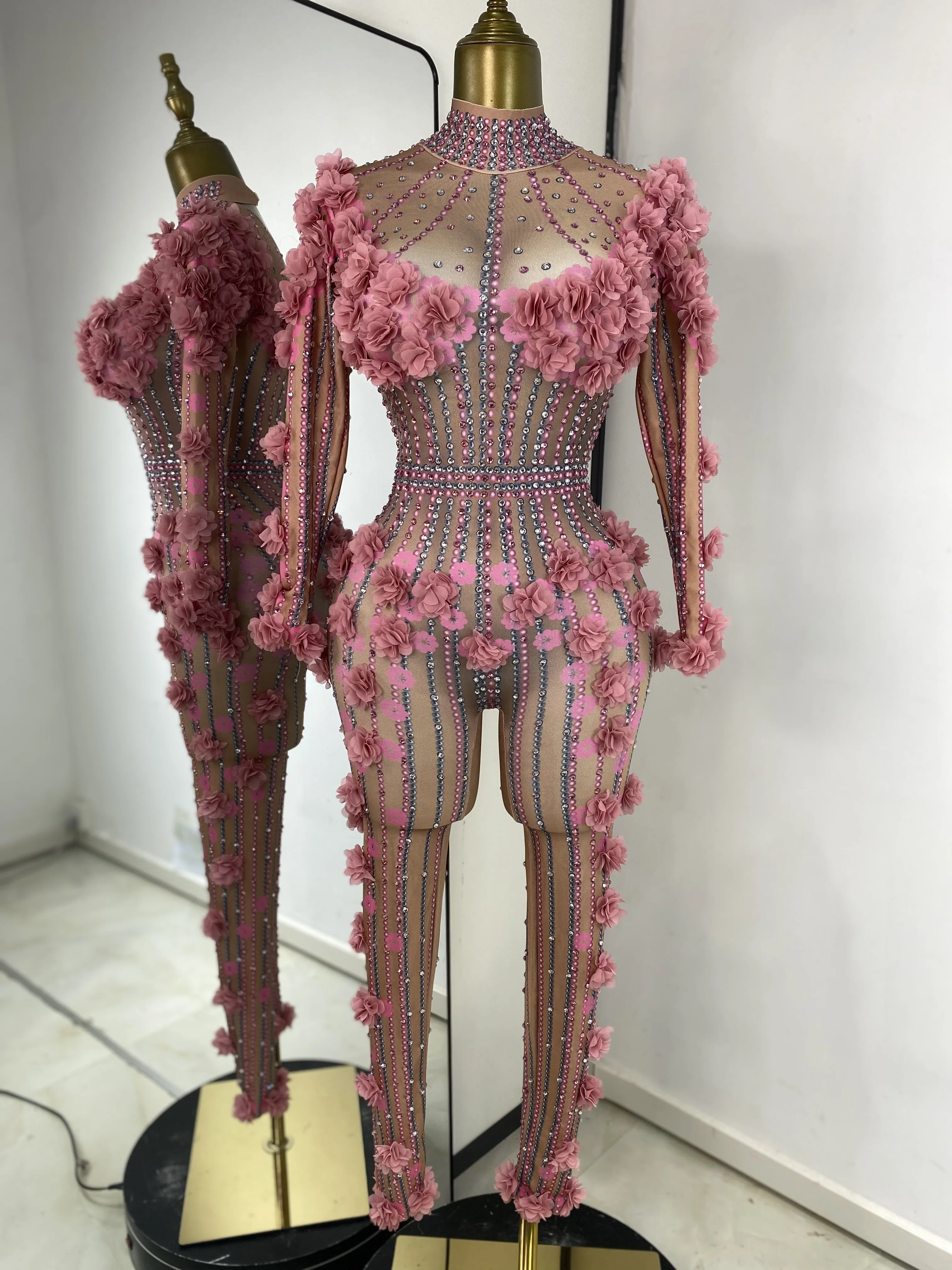 

Women Pink Flowers Rhinestones Spandex Jumpsuits Luxury Performance Costumes Special Occassion Evening Club Party Dresses