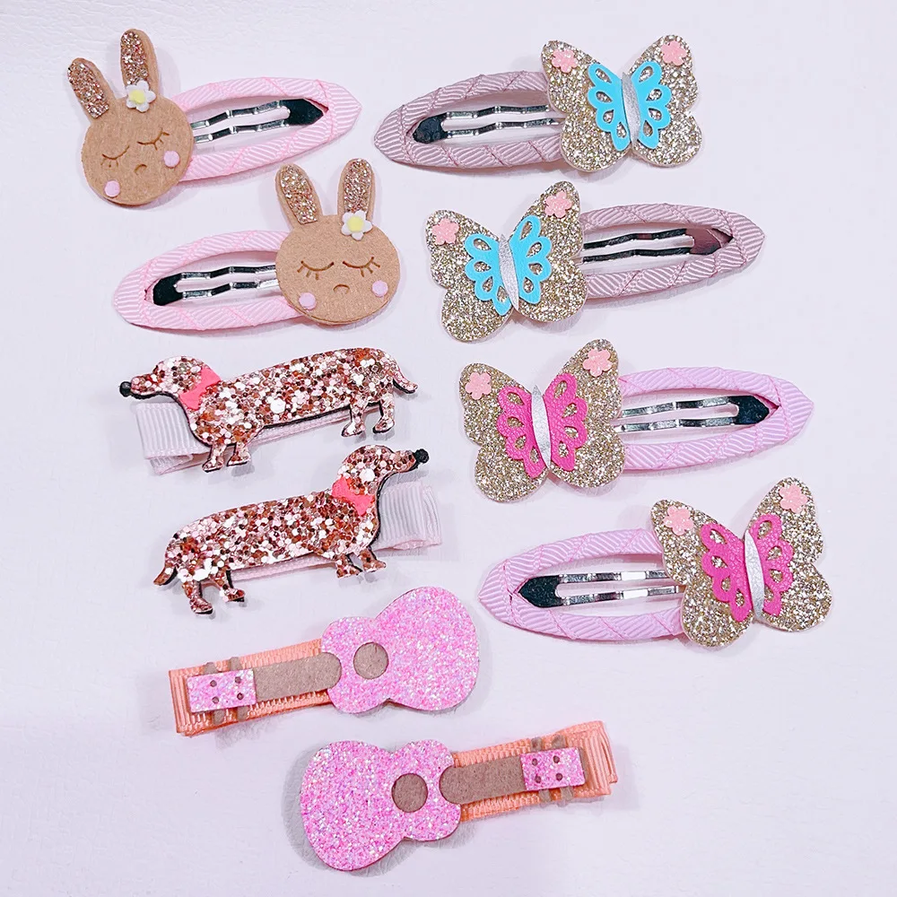 Sweet Princess Headdress Glitter Animal Snap Hair Clips For Girls Shinning Guitar Puppy Rabbit Butterfly Hairpins