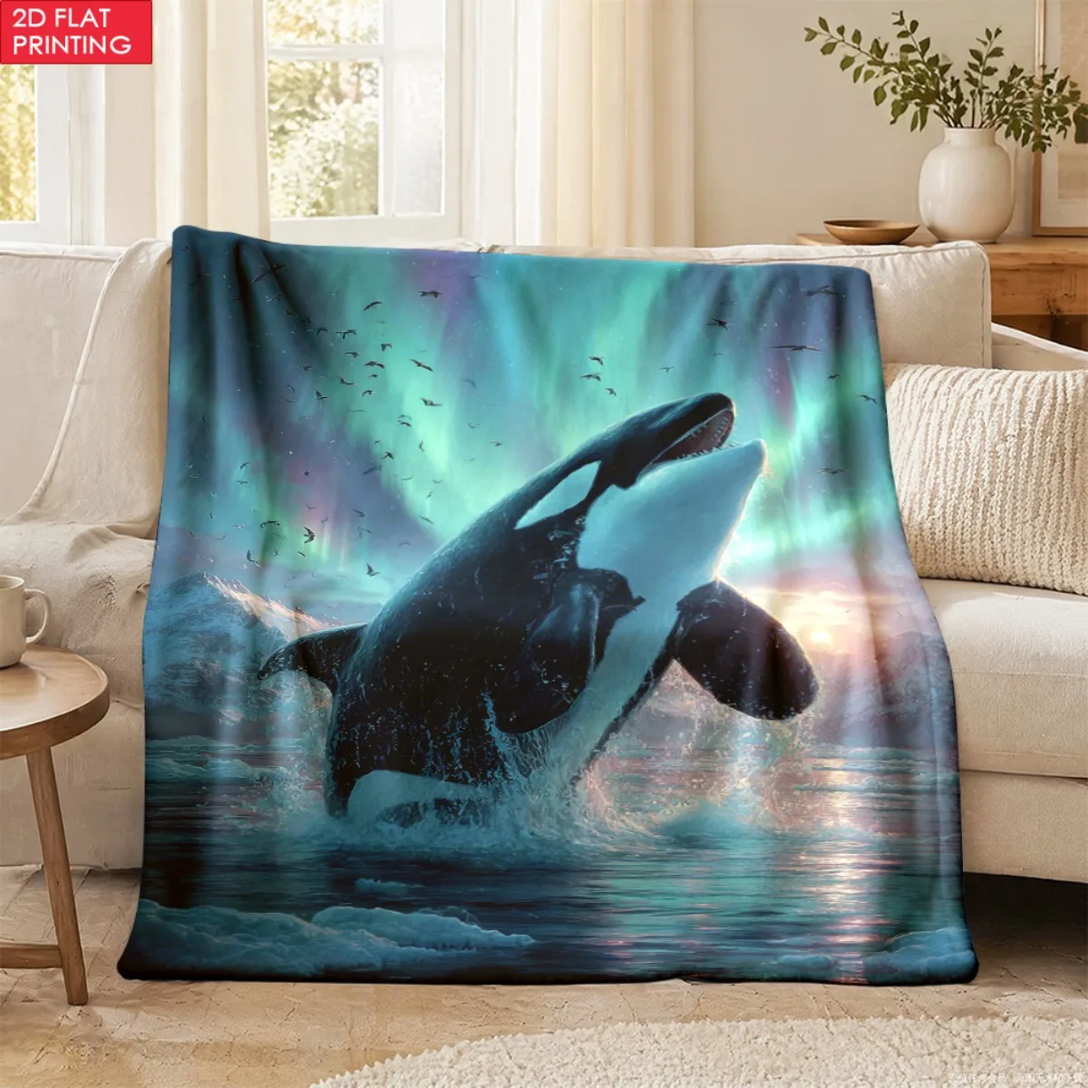 1pc Lightweight Flannel Hug Blanket - Orca Breaching Northern Lights Arctic Scene, Warm and Cozy, Great for Living Room and Trav