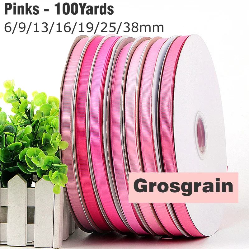 100Yards 6/9/13/16/19/25/38mm Pink Grosgrain Ribbon High Quality 100% Polyester Fabric Ribbon for Crafts Hair Bows Making