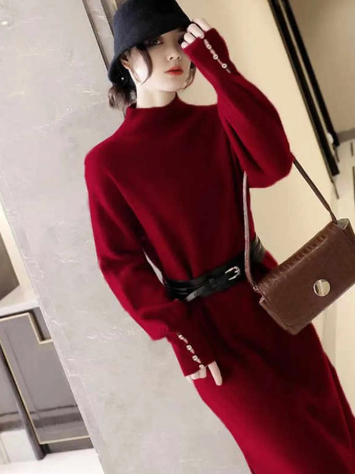 

Knee Length Pullovers For Woman Sweaters Jumpers Women Breathable Standing Collar Long Workwear Sister Simple Hollow Out Fair OL