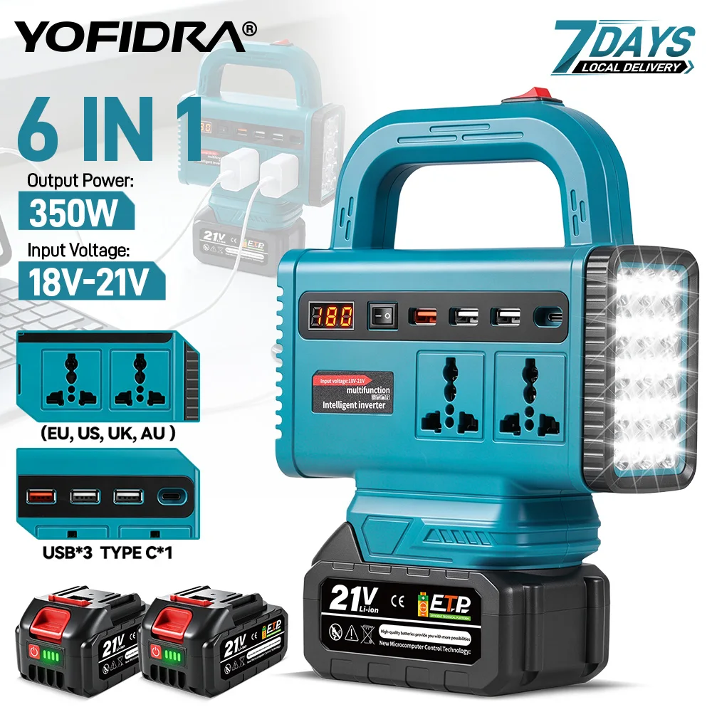 YOFIDRA 6 IN 1, inverter di potenza da 350 W, convertitore da corrente continua 18 V a corrente alternata 220 V, adattatore inverter senza fili, alimentatore per elettrodomestici, compatibile con