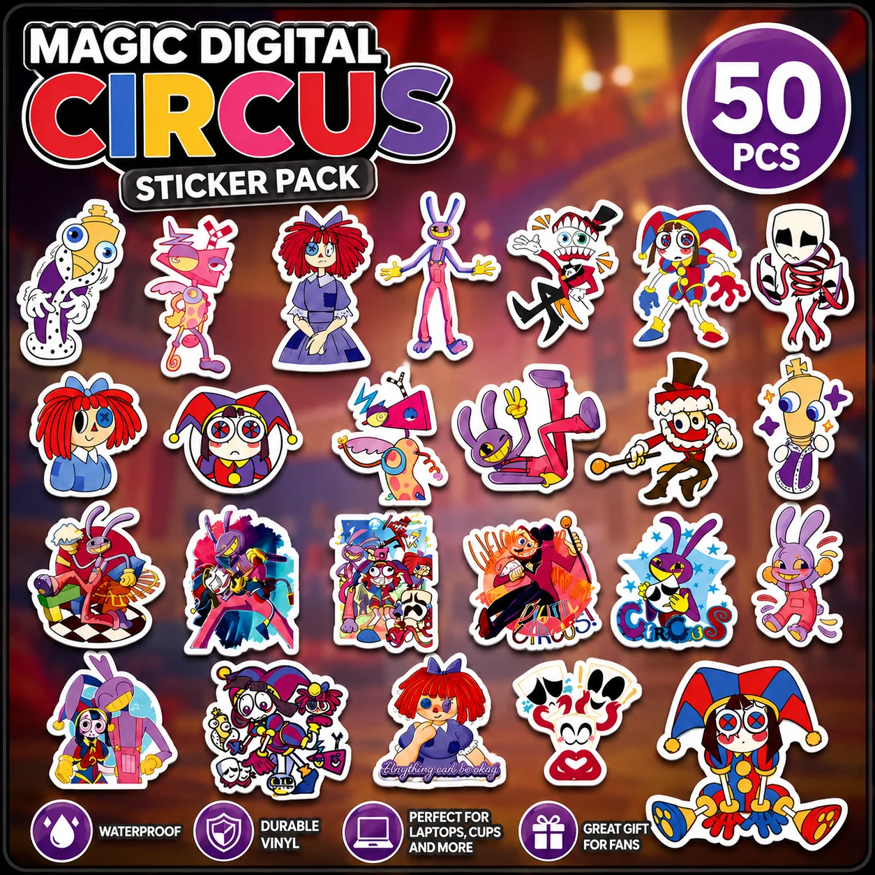 50 Stück Cartoon Magic Digital Circus Aufkleber, wasserdicht, DIY-Aufkleber für Tagebuch, Scrapbook, Wasserflasche, Laptop-Dekoration