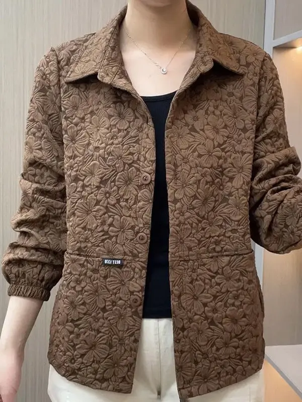 Spring Autumn New Style Mommy Sunflower Embroidery Jacket Casual Thin Women's Top Fashionable Anti-Aging Loose Fit Button up