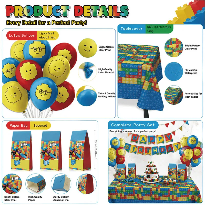 Building Block Combination Set Birthday Party Supplies Paper Bag Tablecloth Balloon Easy To Carry And Use Perfect Decorations view 2