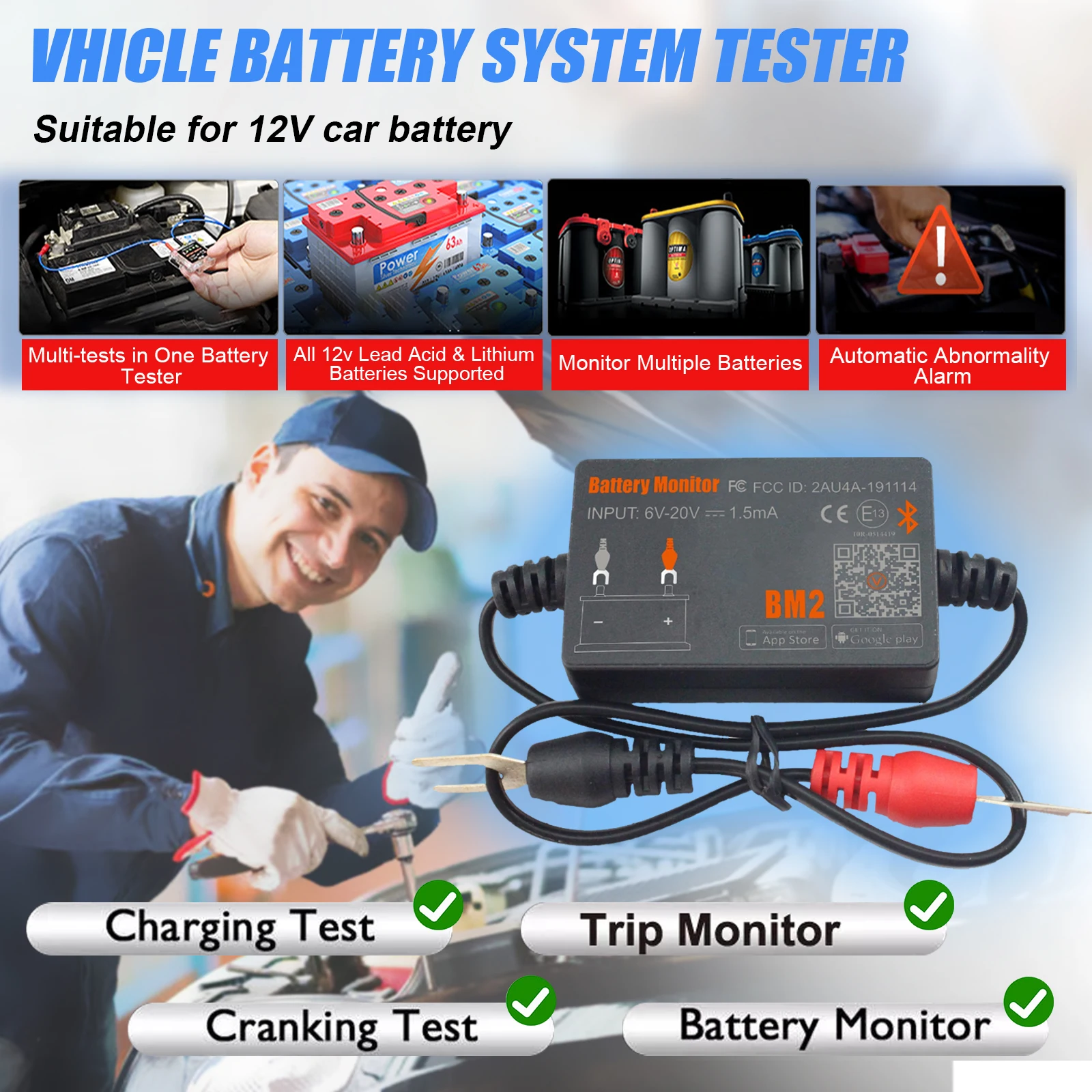 BM2 12V Battery Tester Bluetooth 4.0 Car Battery Monitor for Battery Health Cranking Charging Test