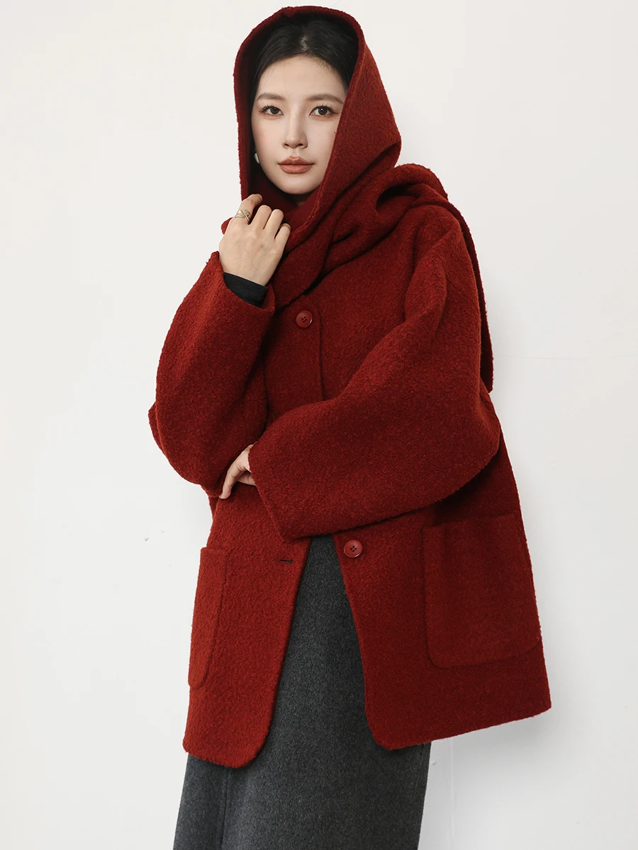 

DianThia Women's ort Woolen Coat Red Camere Jaet with Scarf Korean Sle Straight Cut Long Sve round Ne Button up