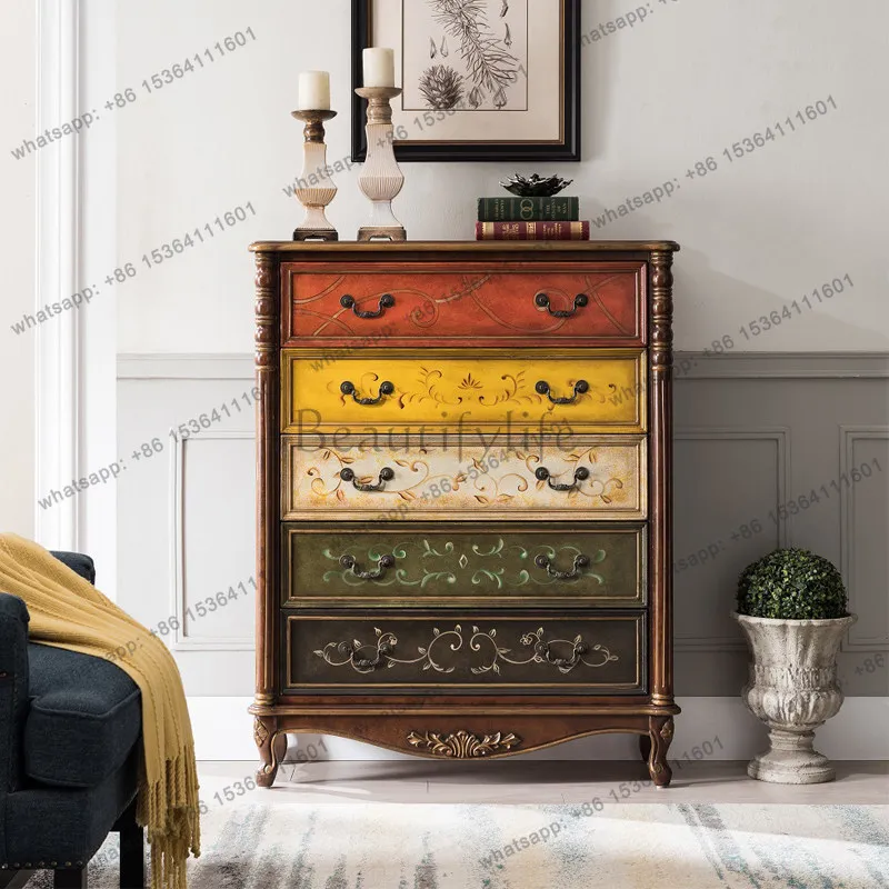 American country solid wood chest bedroom storage cabinet Roman column European living room side cabinet