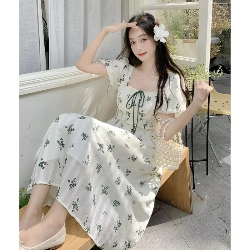 여름 요정 꽃 프린트 비치 드레스 여성 한국어 스위트 스퀘어 칼라 넥타이 하이 웨스트 a 라인 중간 길이 드레스 세련된