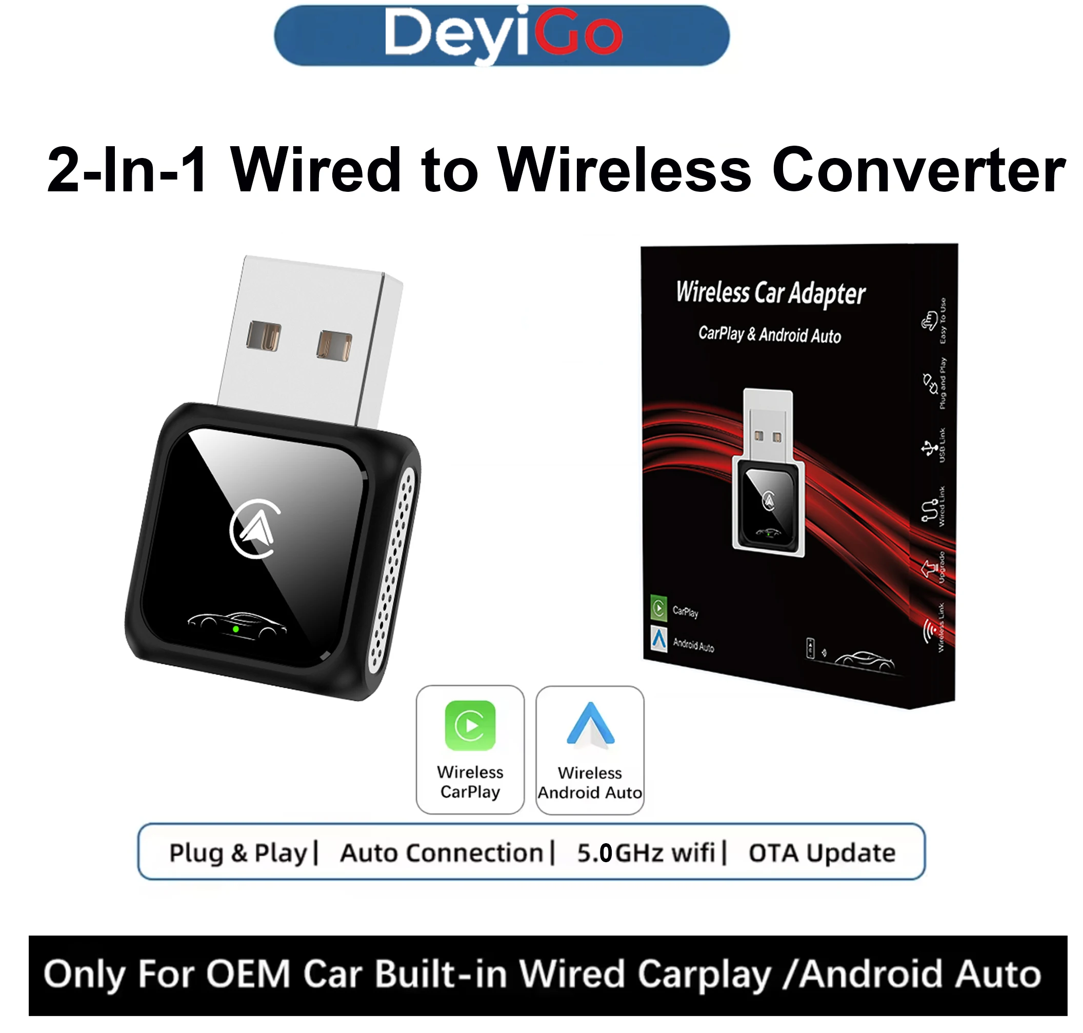 Smart USB Wireless Carpay Android Auto Adaptor Smart Doogle For Toyota Honda Hyundai Kia Jeep Fiat Volkswagen Volvo Fiat