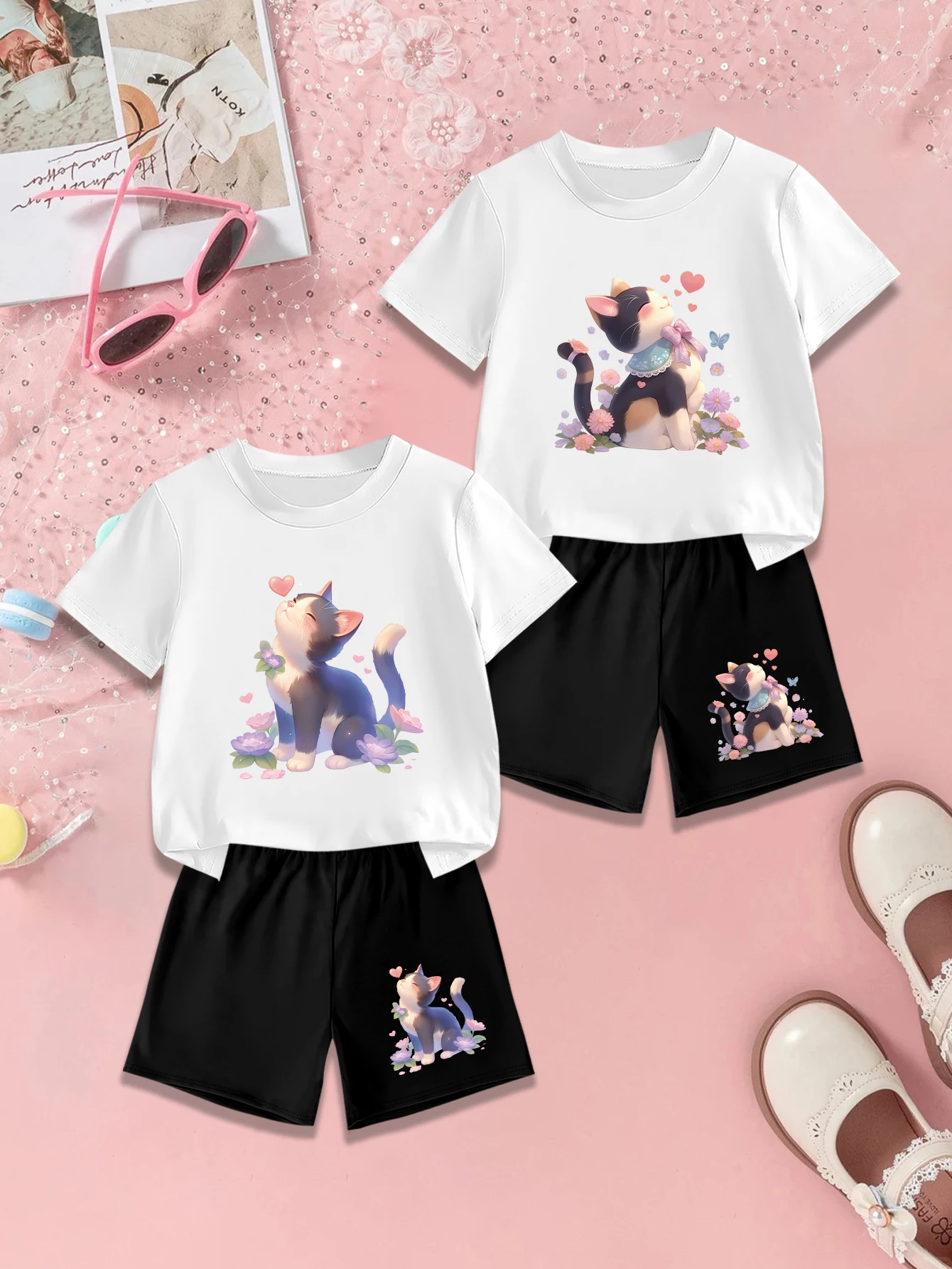 

4 предмета: летний комплект для девочек, футболка и шорты с милым мультяшным принтом кота и цветов.