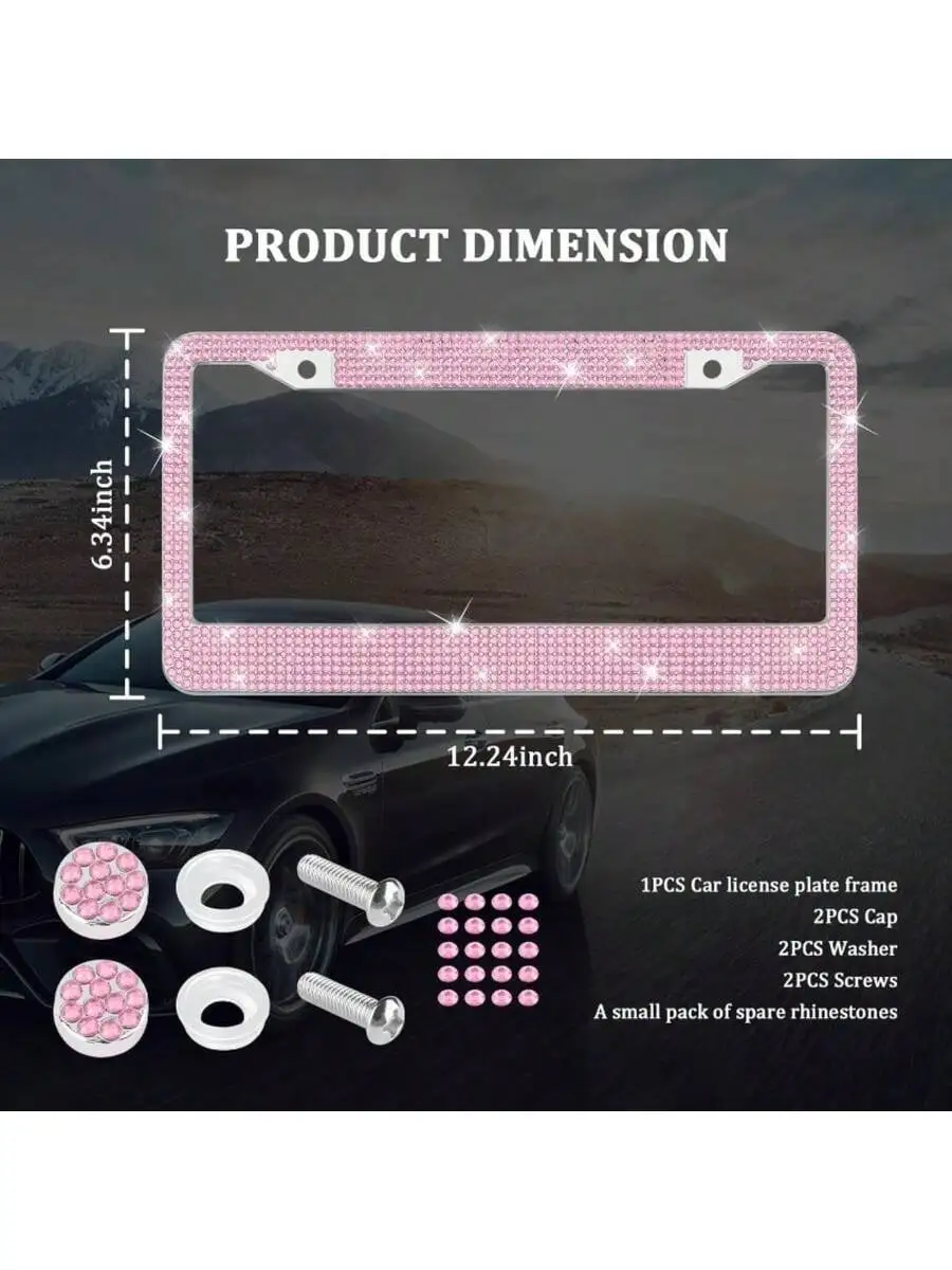 2PCS Bling Bling Pink Diamond Car Plate Frame - Cute Glam Style For Women & Girls - Shine Day & Night With Reflective
