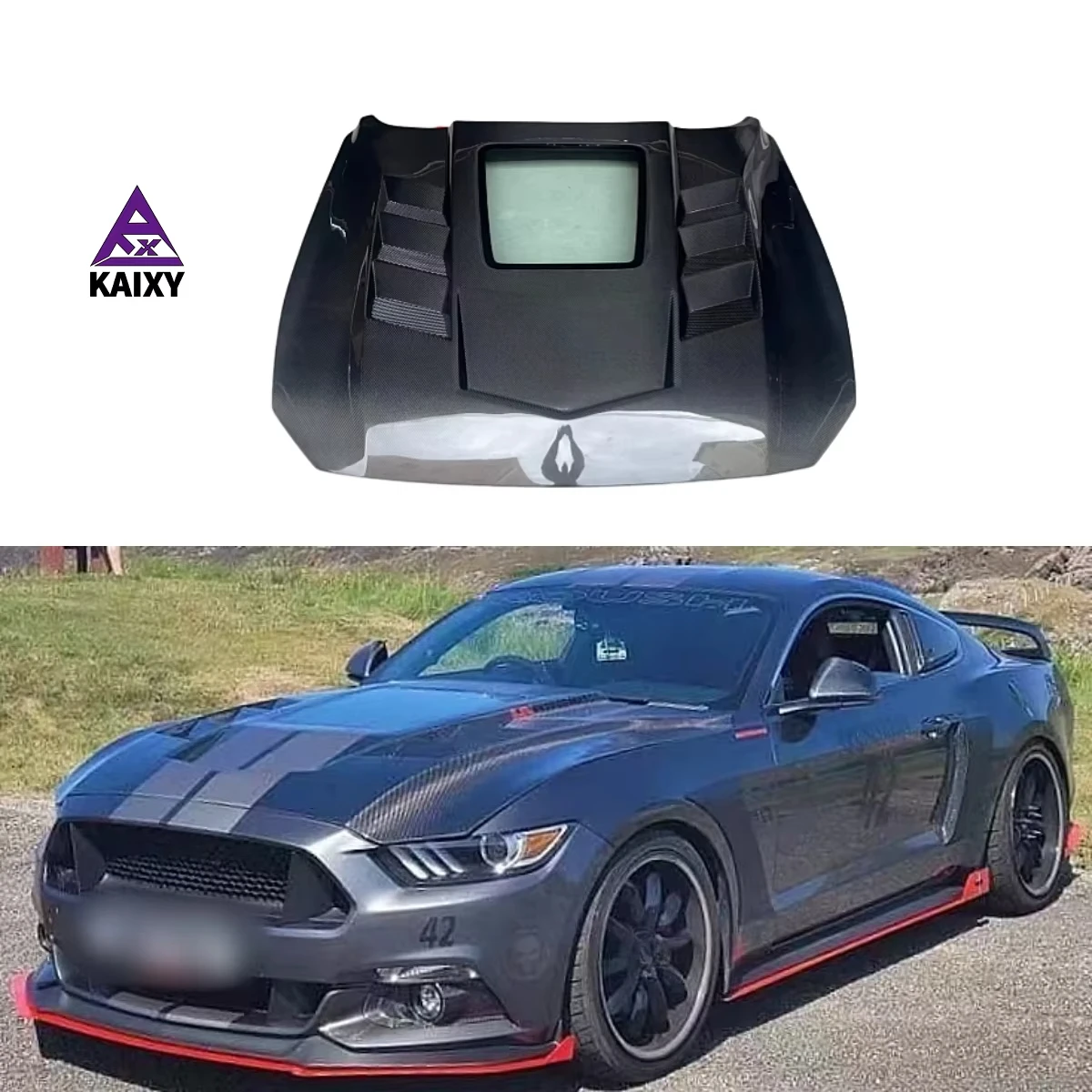 KXY GTSS Style New Carbon Fiber Black Mesh Front Engine Hood for Mustang Bonnet 2015-2023 with 100% Fitment