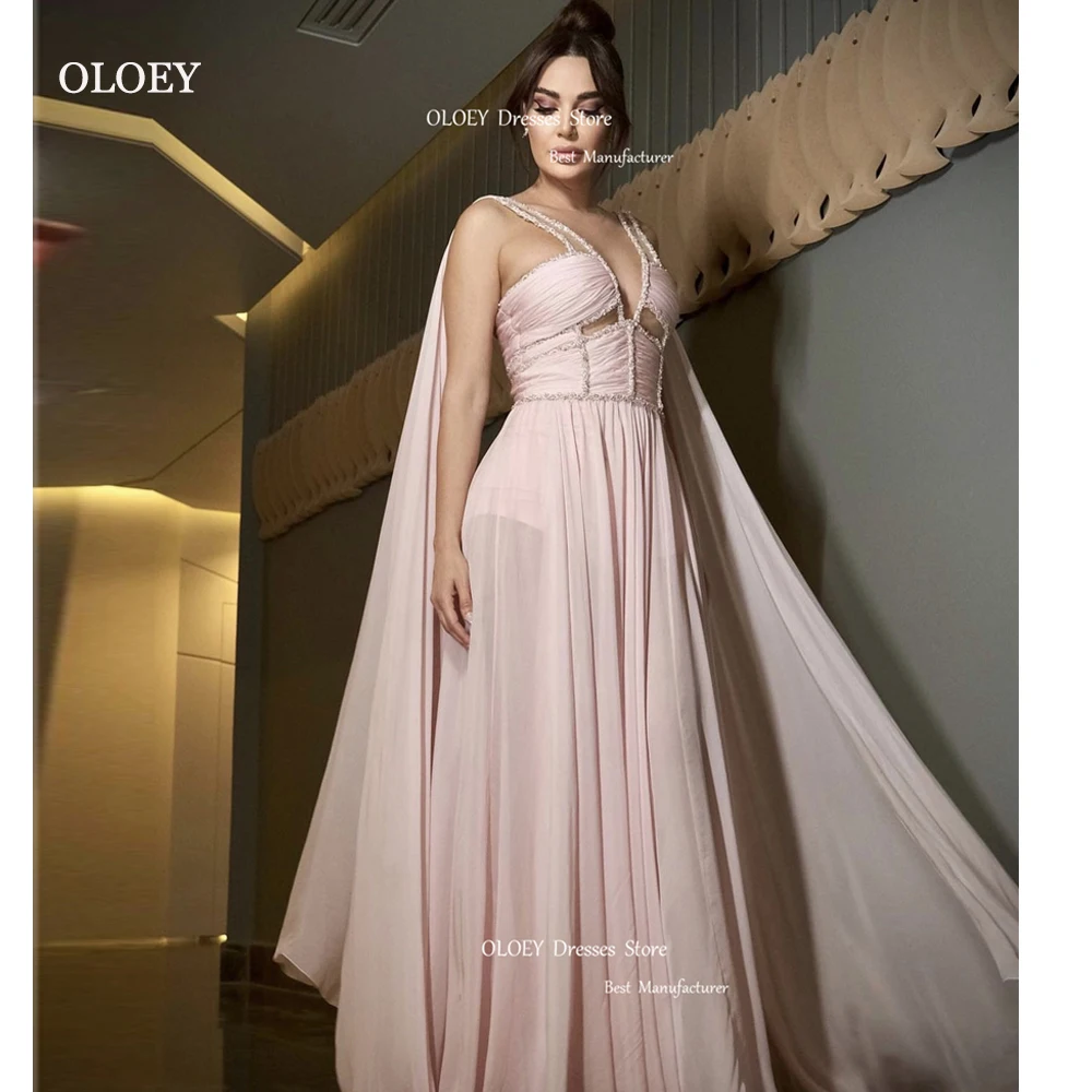 

OLOEY Vintage Sexy Pink Evening Dresses Arabic Floor-Length Spaghetti Strap V-Neck Formal Party Prom Gowns Robe de soiree