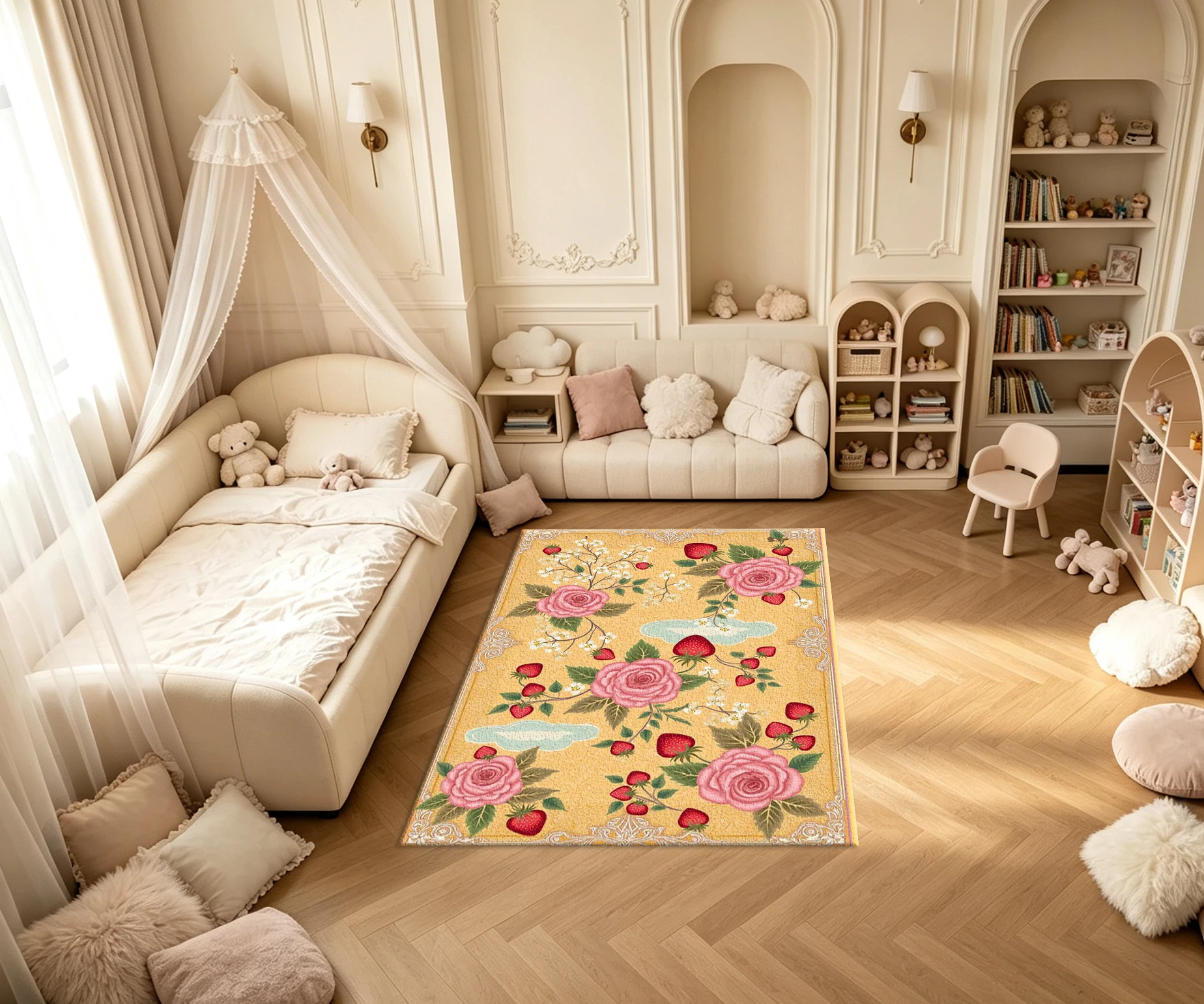 Vintage Rose Strawberry Floral Ornate Frame Carpet Flooring Romantic Fruit Flower Art Printed Square Floor Rug for Household Space Ornament