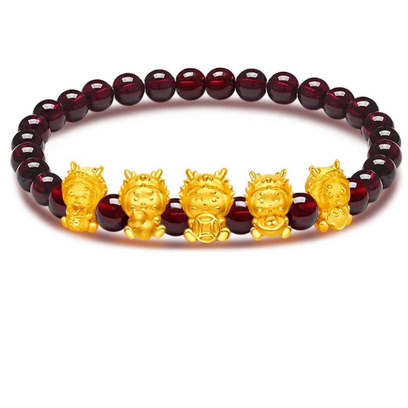 1pcs Pure 24K Yellow Gold Bracelet For Women Men 3D Small Dragon Baby Red Agate Garnet Green Crystal Beaded Link