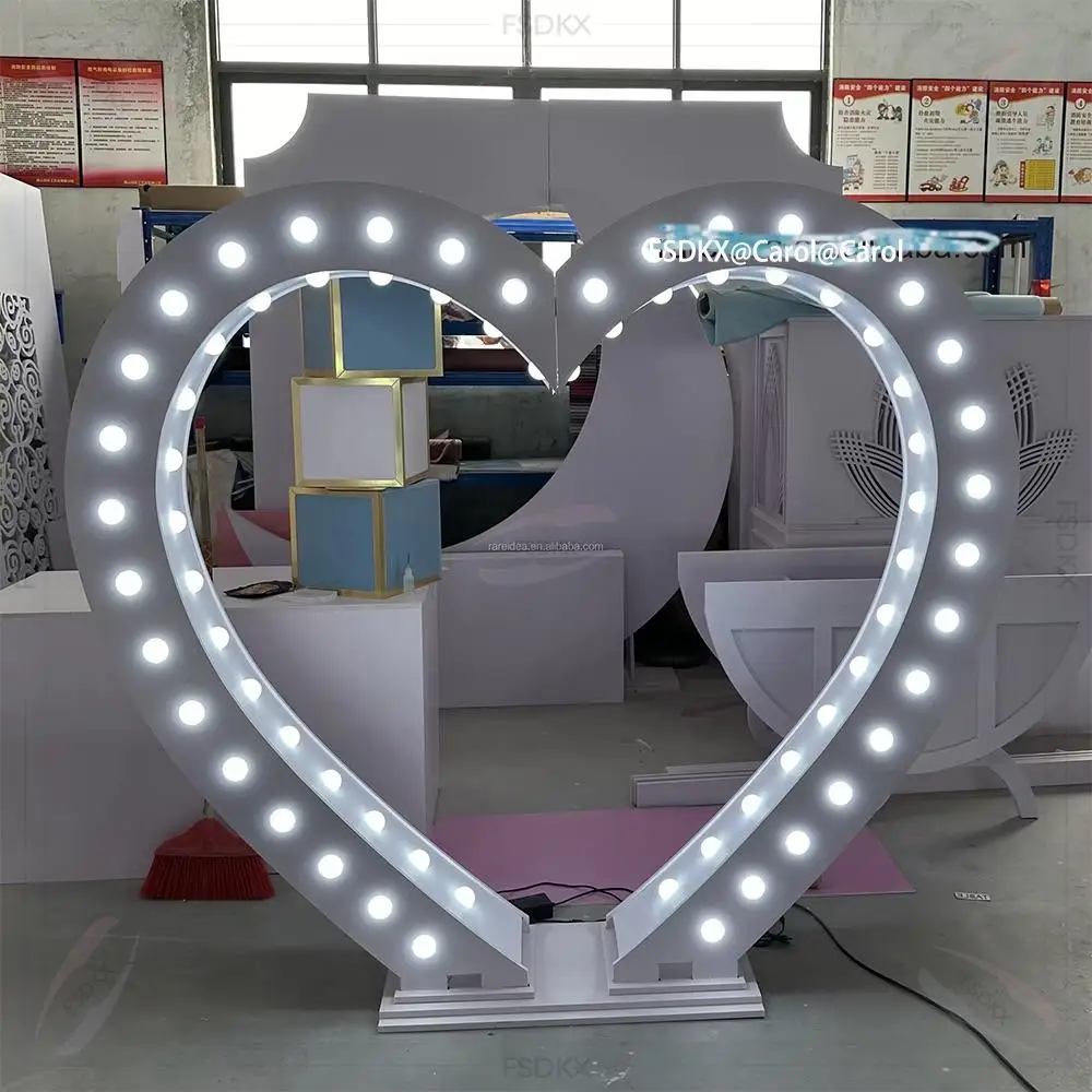 

Wedding Backdrop New Design LED Heart Shape White Gold Arch Backdrop Stand Hot Sale PVC Backdrop for Wedding Party Stage