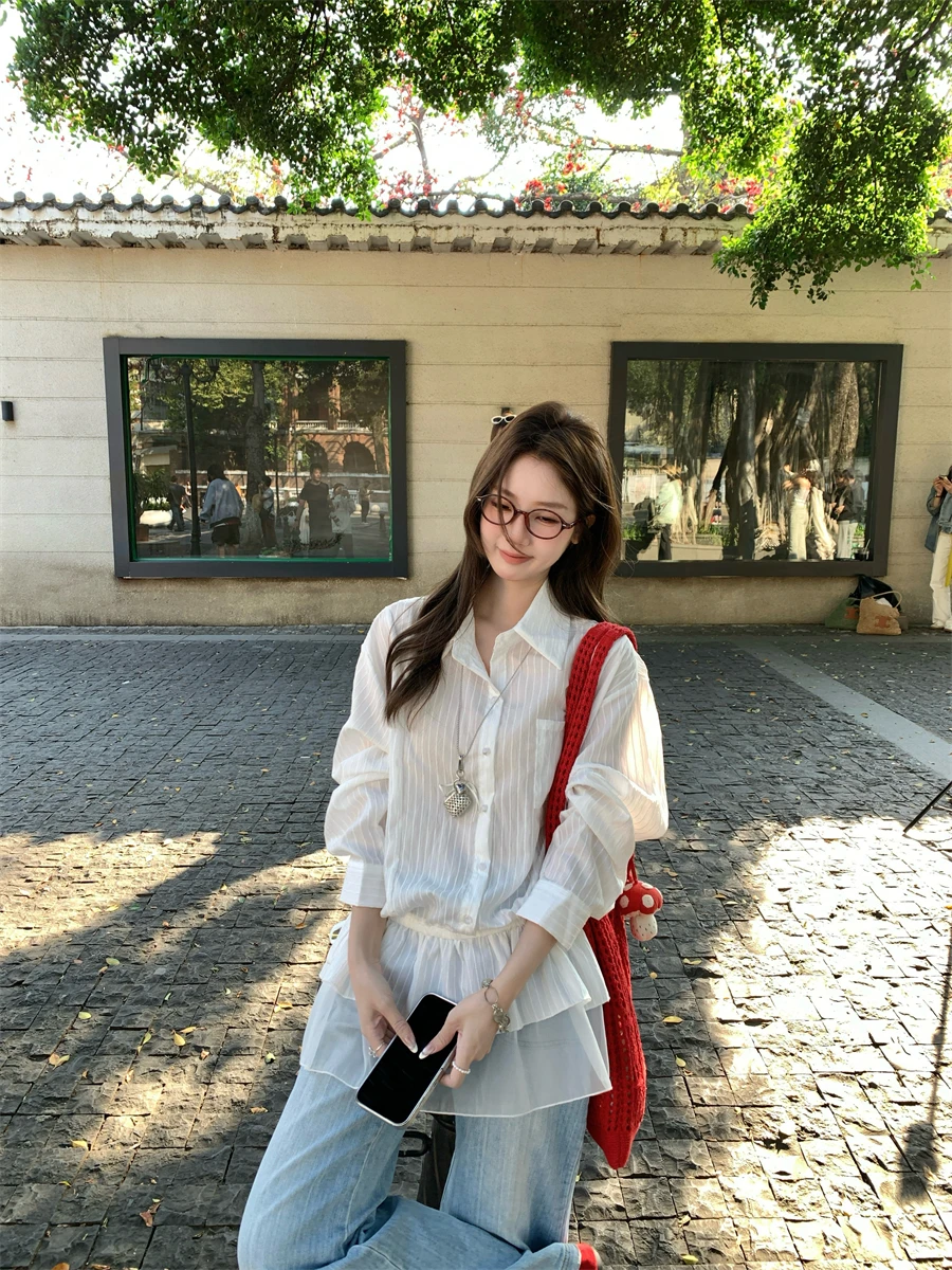 

Elegant White Long Sleeve Women's Shirt Kumikumi Design Versatile Slimming Chic Top for Spring Fashion Ladies' Premium Clothing