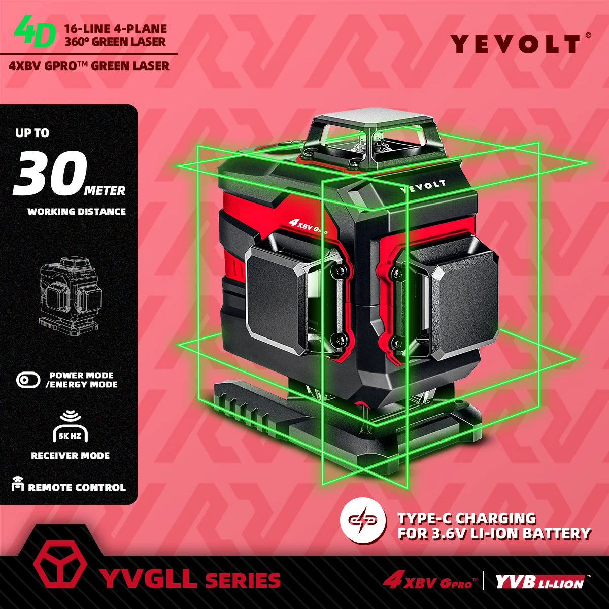 

YEVOLT YVGLL4XS16 16-Line TriPlane Plumb & Level Laser Level Smart Line Grouping​ Floor Layout​ High-Accuracy 30m Coverage