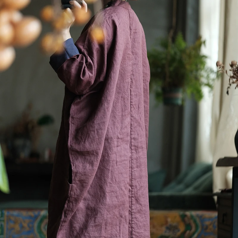 100% الكتان المرأة فستان طويل غير رسمي جديد وصول 2025 الخريف خمر الوقوف طوق بلون المتضخم فساتين الإناث M2061