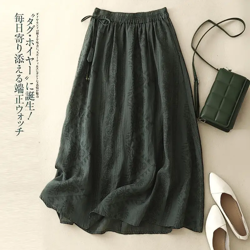 

New Arrival 2024 Summer Arts Style Women Elastic Waist Vintage Print Long Skirt All-matched Casual Loose A-line Skirt