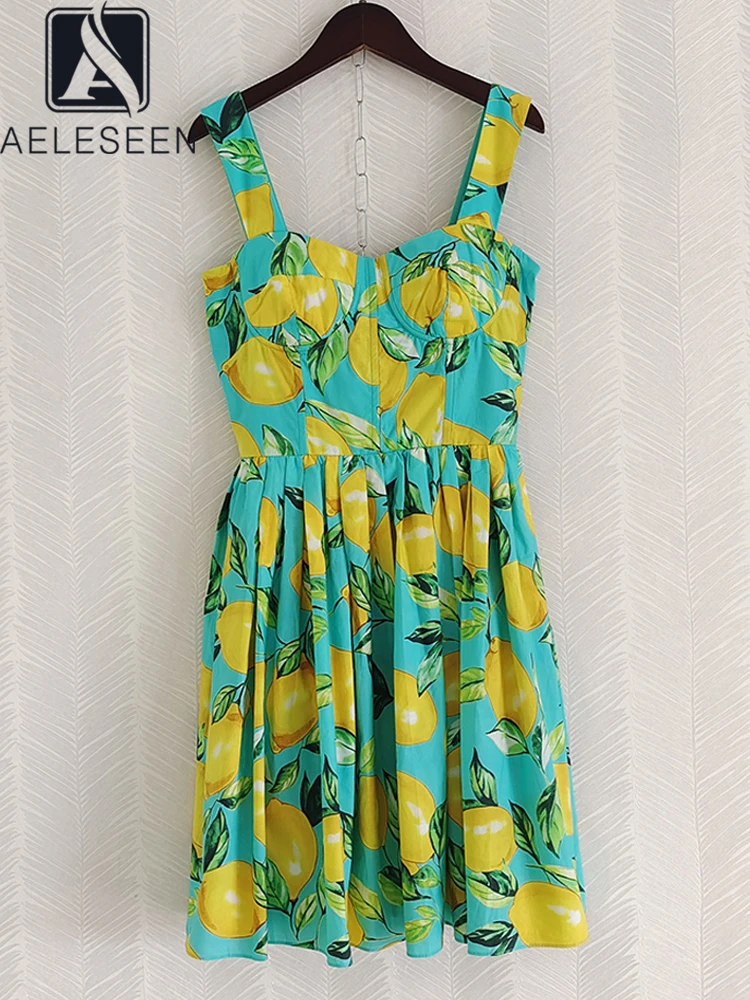 

AELESEEN Women 100% Cotton Sicilian Dress 2024 Summer Runway Fashion Lemon Print Yellow Green Elegant Mini Party Vacation