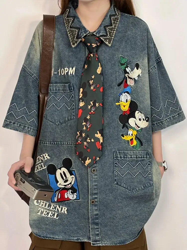 American Retro Fun Cartoon Embroidered Denim Short-sleeved Shirt Women's Loose Casual Top 2025 Summer New Single-breasted Blouse