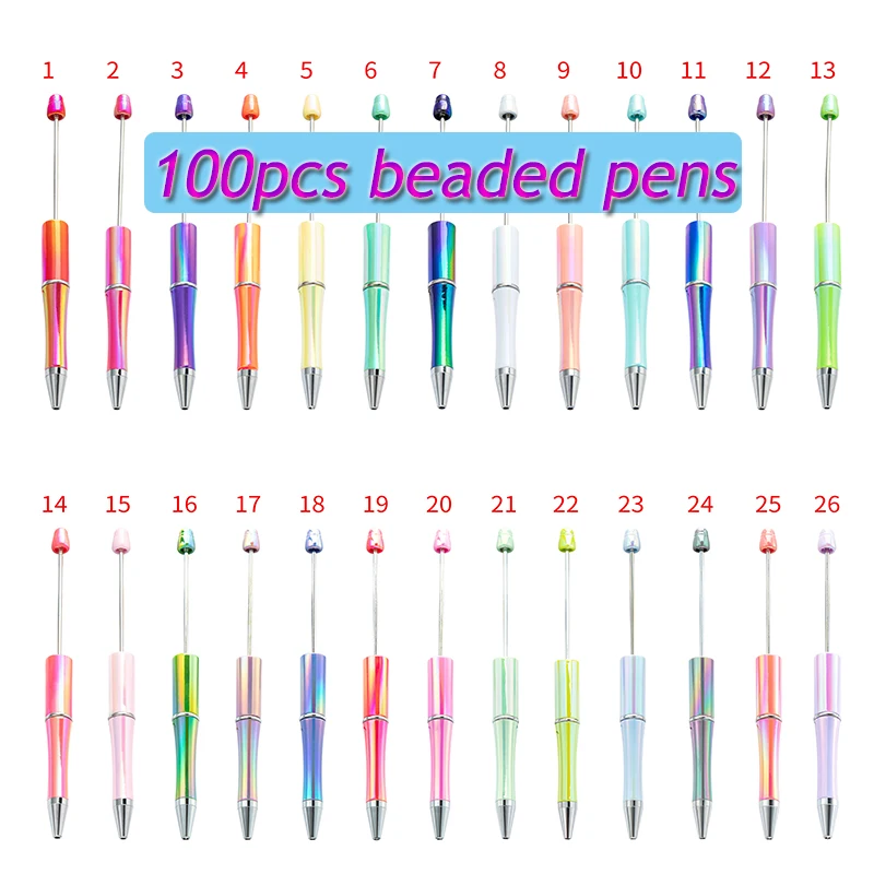 100pcs UV Gradient Beaded Pens Students DIY Handmade Plastic Beadable Pen Plastic Ballpoint Pens Stationery School Supplies