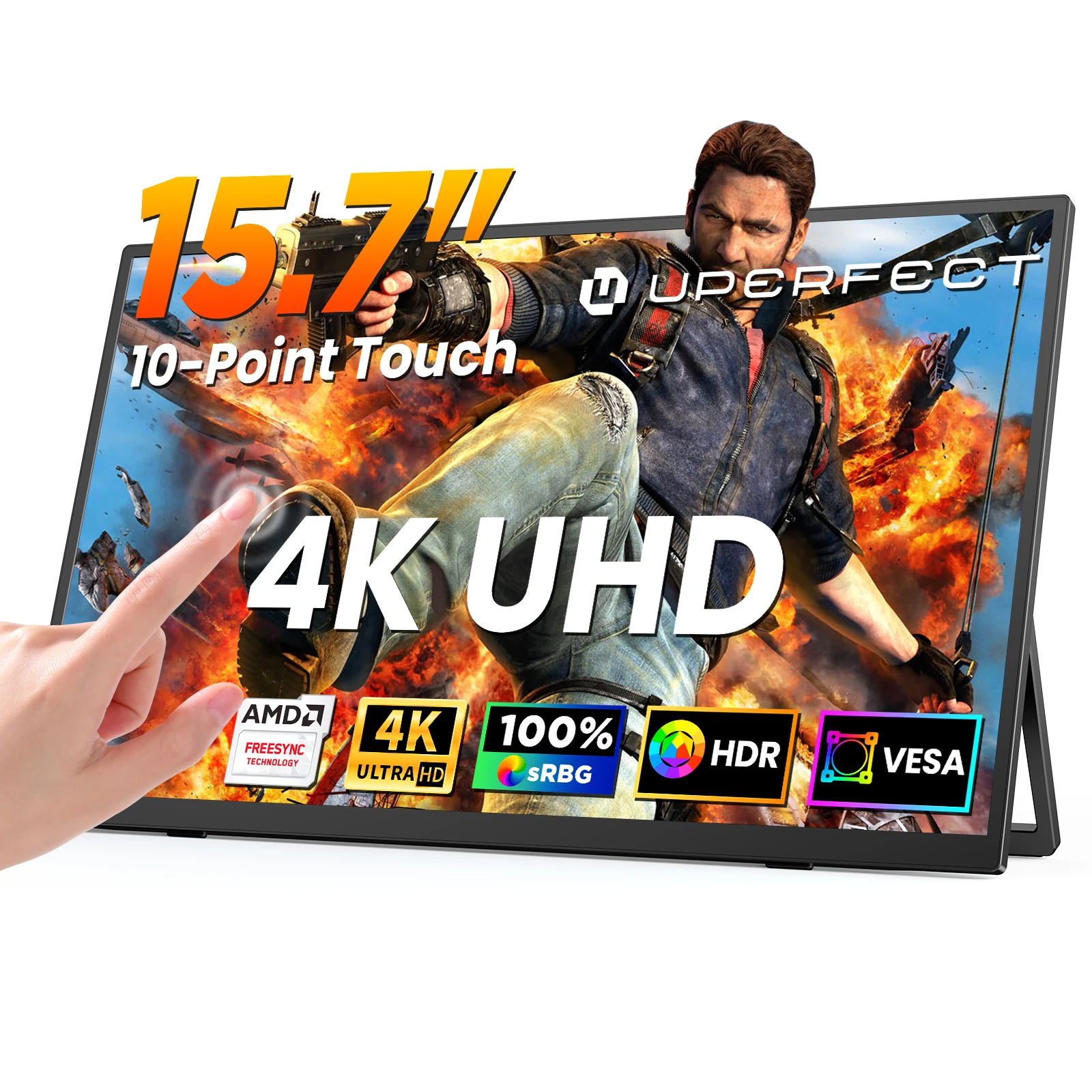 UPERFECT 4K tragbarer Touch Monitor 15,6 "Zoll 3840 * 2160 UHD w / USB-C HDMI Laptop Display 1200: 1 100% RGB IPS zweiter Bildschirm 10-Punkt-Touch-Dual-Lautsprecher HDR für Heimarbeit