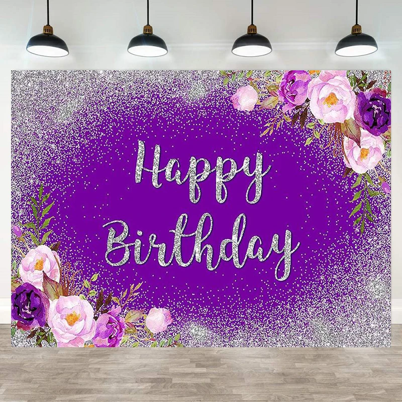 Photography Backdrop Happy Birthday Party Banner Decorations Photoshoot Girl Purple Floral Silver Glitters Confetti Background