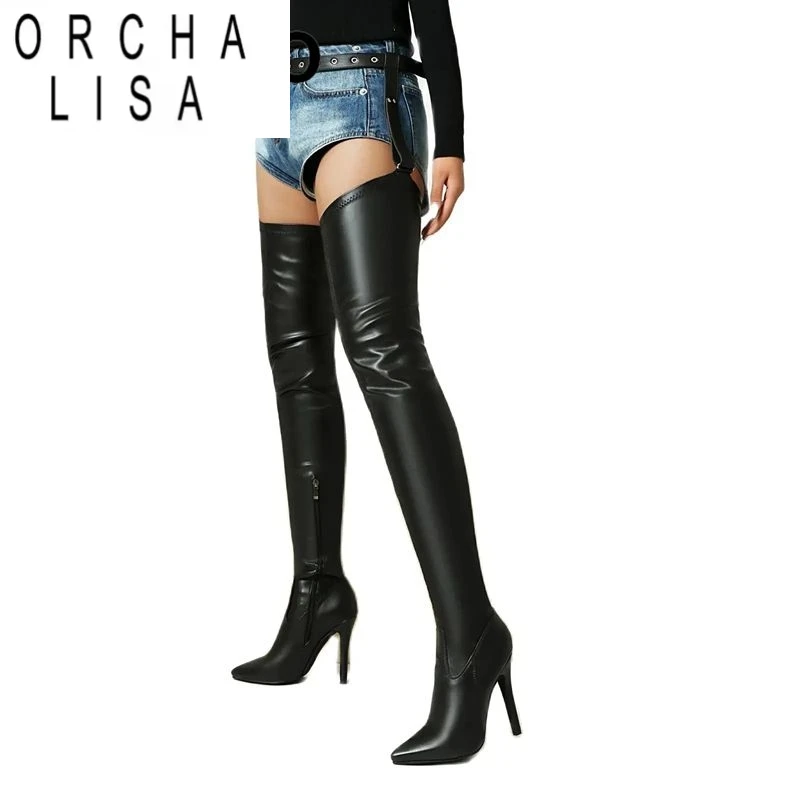 

ORCHA LISA Sexy Female Thigh Boots Pointed Toe Stiletto 10cm Zipper Belt Buckle Pants Bota Plus Size 47 48 Party Club Shoes