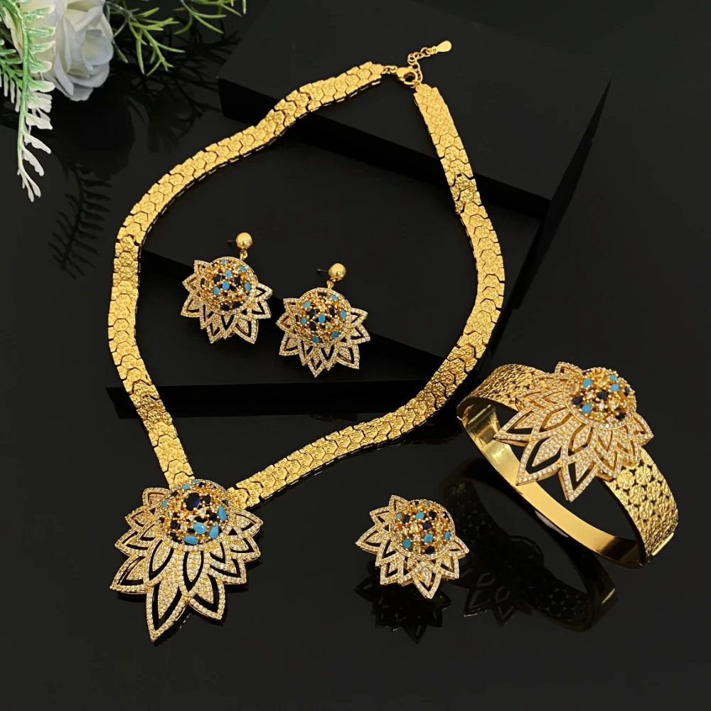 

JRH Нигерия позолоченный медный комплект ювелирных изделий для женщин искусственный циркон свадебный браслет кольцо ожерелье серьги