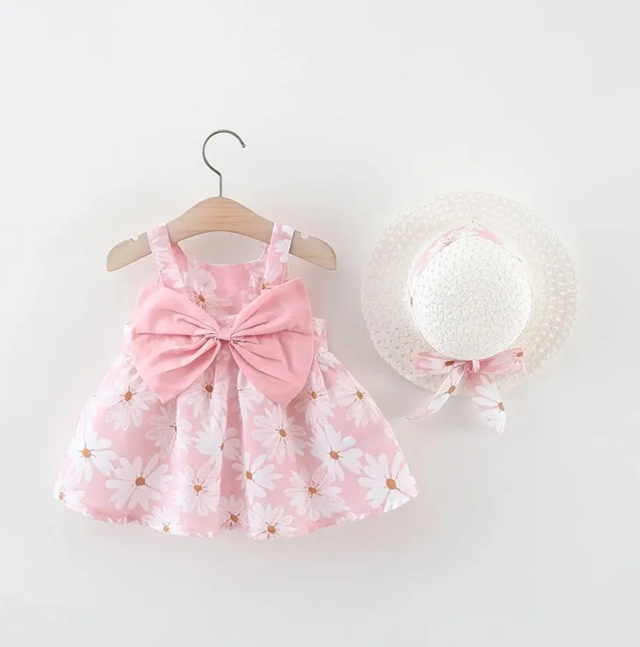 Novedad de verano, vestido a la moda para niña, crisantemo pequeño, correa colgante, lazo grande, vestido de princesa, vestido de fiesta de 0 a 3 años