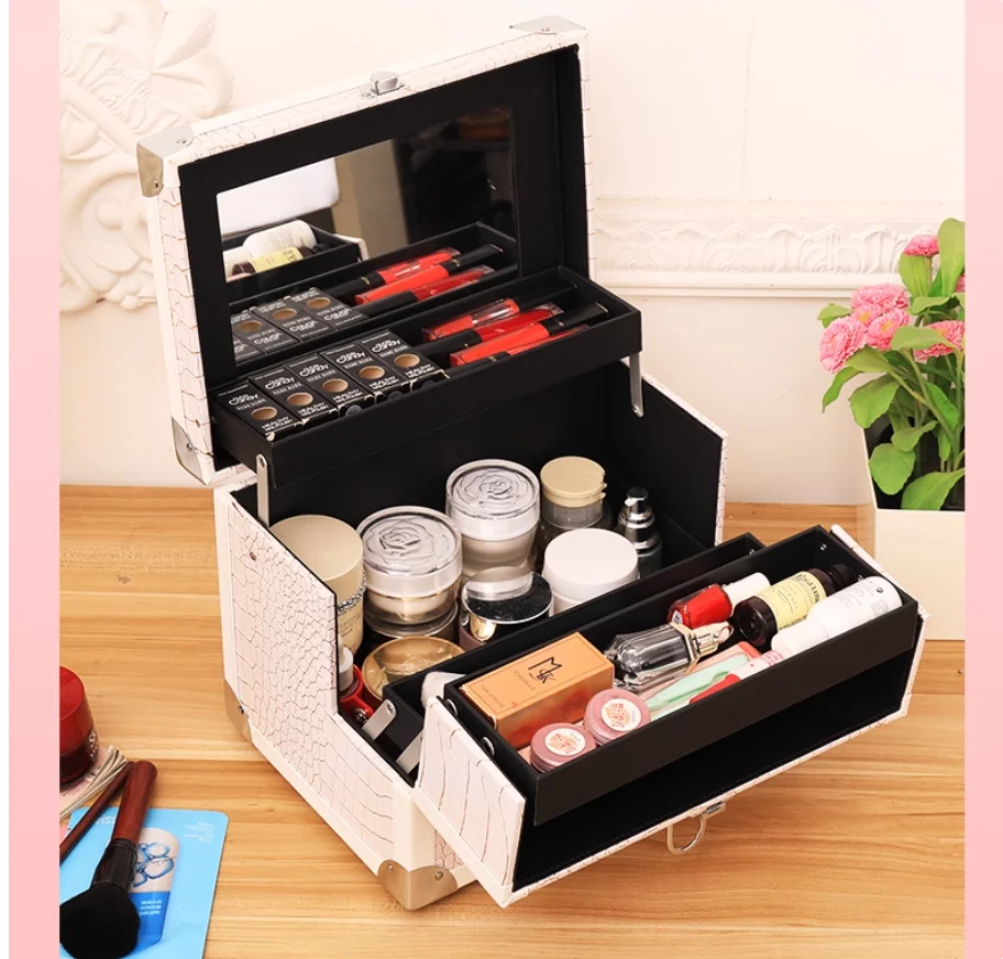 Women Professional Makeup Organizer Case Women Makeup Suitcase With Mirror Women Makeup Case Tool Kit box Travel Cosmetic Case