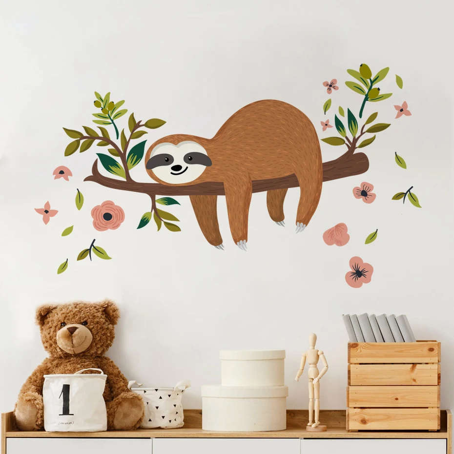 Cartoon Cute Sloth on Tree Animal Watercolor Wall Sticker Vinyl Baby Nursery Wall Decals Decorative for Kids Room Home Decor