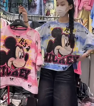 

Fahsion Cartoon Tees Tide Hole Street Style Tie-dye Loose Oversized Casual Short Sleeve T-shirt Women's O-neck Pullover Top