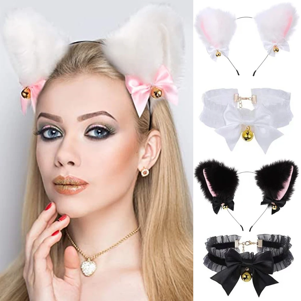 2 Pcs Women Girls Make Up Plush Furry Necklace Cat Ear Headband Fancy Dress Hairband Cosplay Headwear