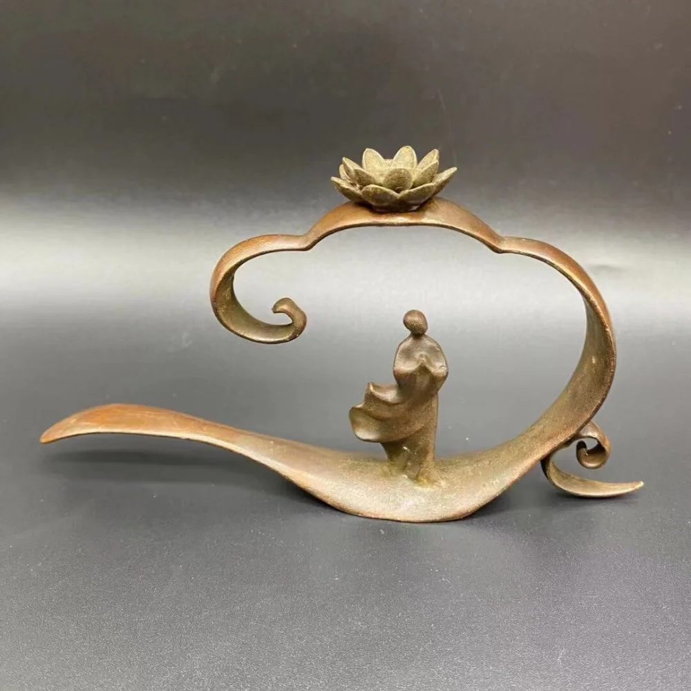 Chinese Zen Bronze Incense Burner Holder Lotus Flower Backflow Incense Stand with Meditating Monk Figurine Home Tea Room Decor