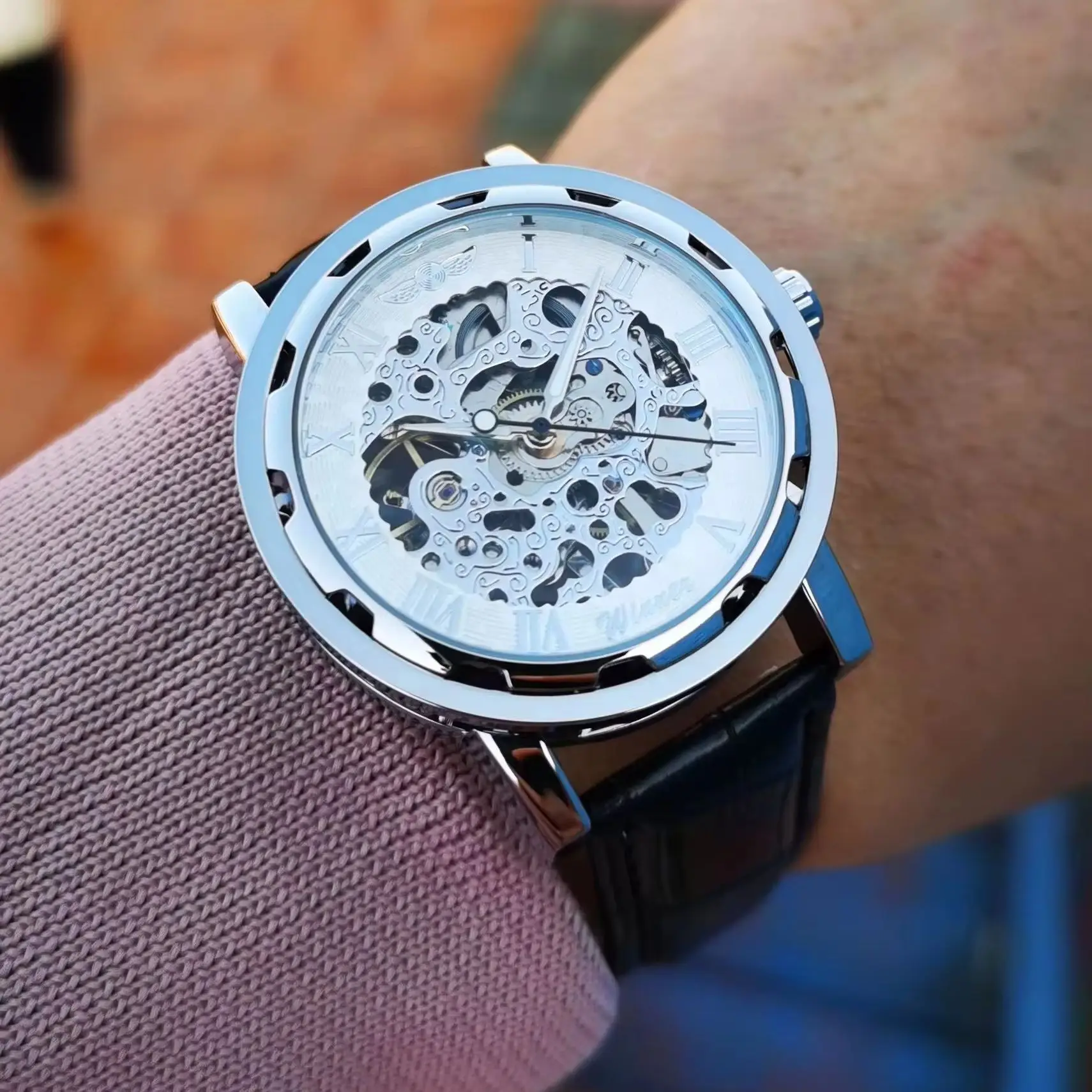 WINNER Business Hand Winding Mechanical Watches Luminous Hands Classic Skeleton Watch for Men Leather Strap Mens Wristwatches